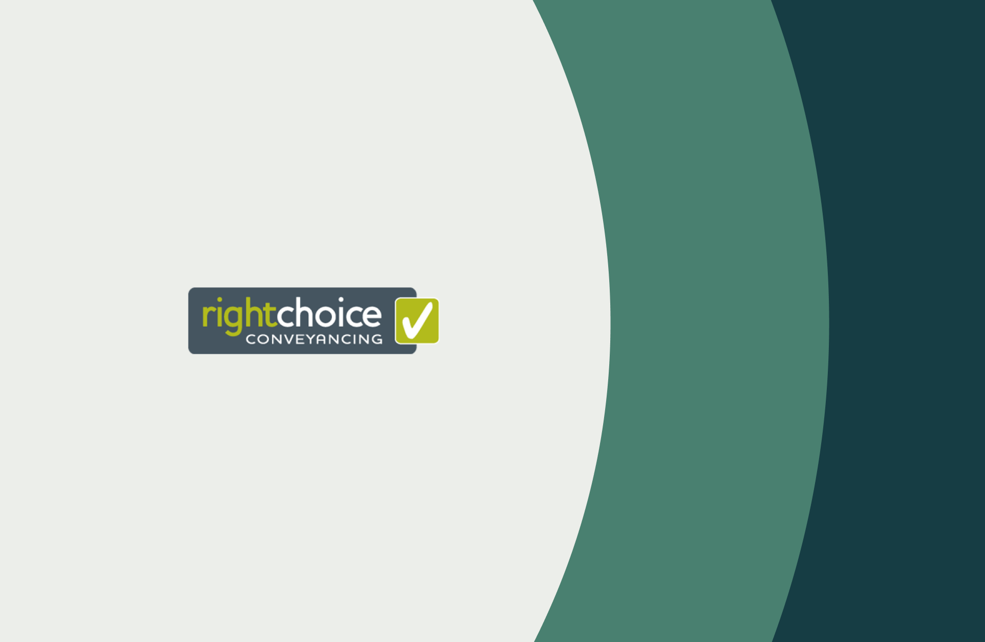Right Choice Conveyancing logo on a grey background with two large green graphic elements on the left