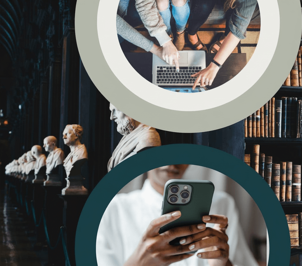 Collage: Two people use a laptop, a person scrolls on a smartphone, and a library with busts and shelves of books.