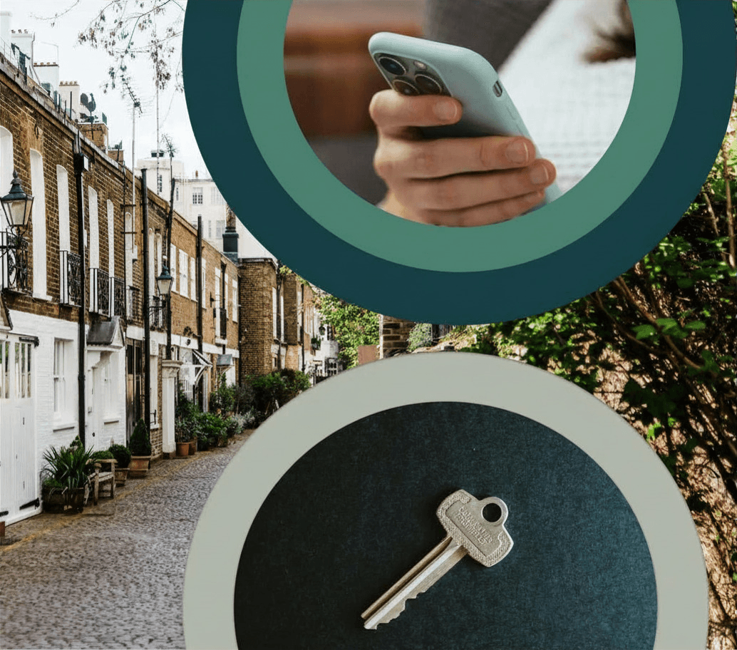 Split image: Top shows a hand holding a smartphone, bottom has a silver key on a dark surface. Background shows a cobblestone street with townhouses.