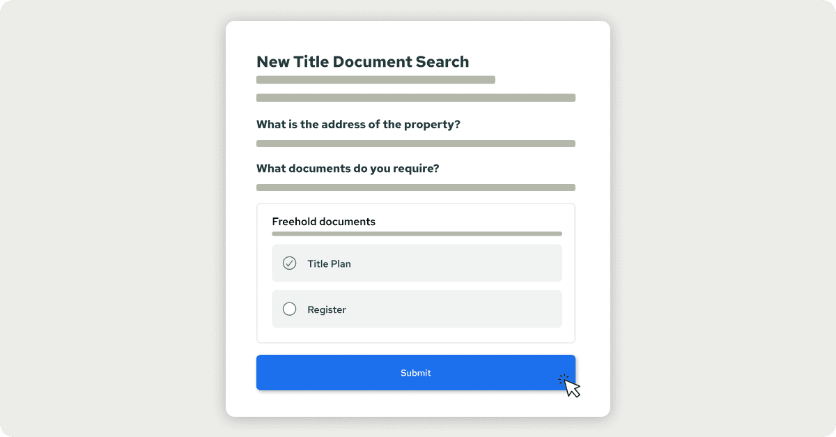 Form titled "New Title Document Search" with fields for property address and document type, options for "Title Plan" and "Register," and a "Submit" button.