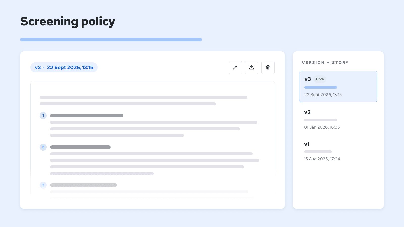 A digital document titled "Screening policy" with version history, showing version 3 as live, dated 22 Sept 2026, at 13:15.
