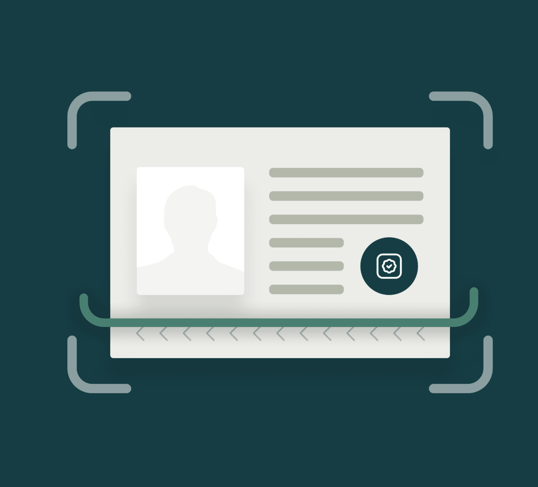Illustration of a generic ID card with a silhouette, text lines, and a camera icon on a dark teal background.