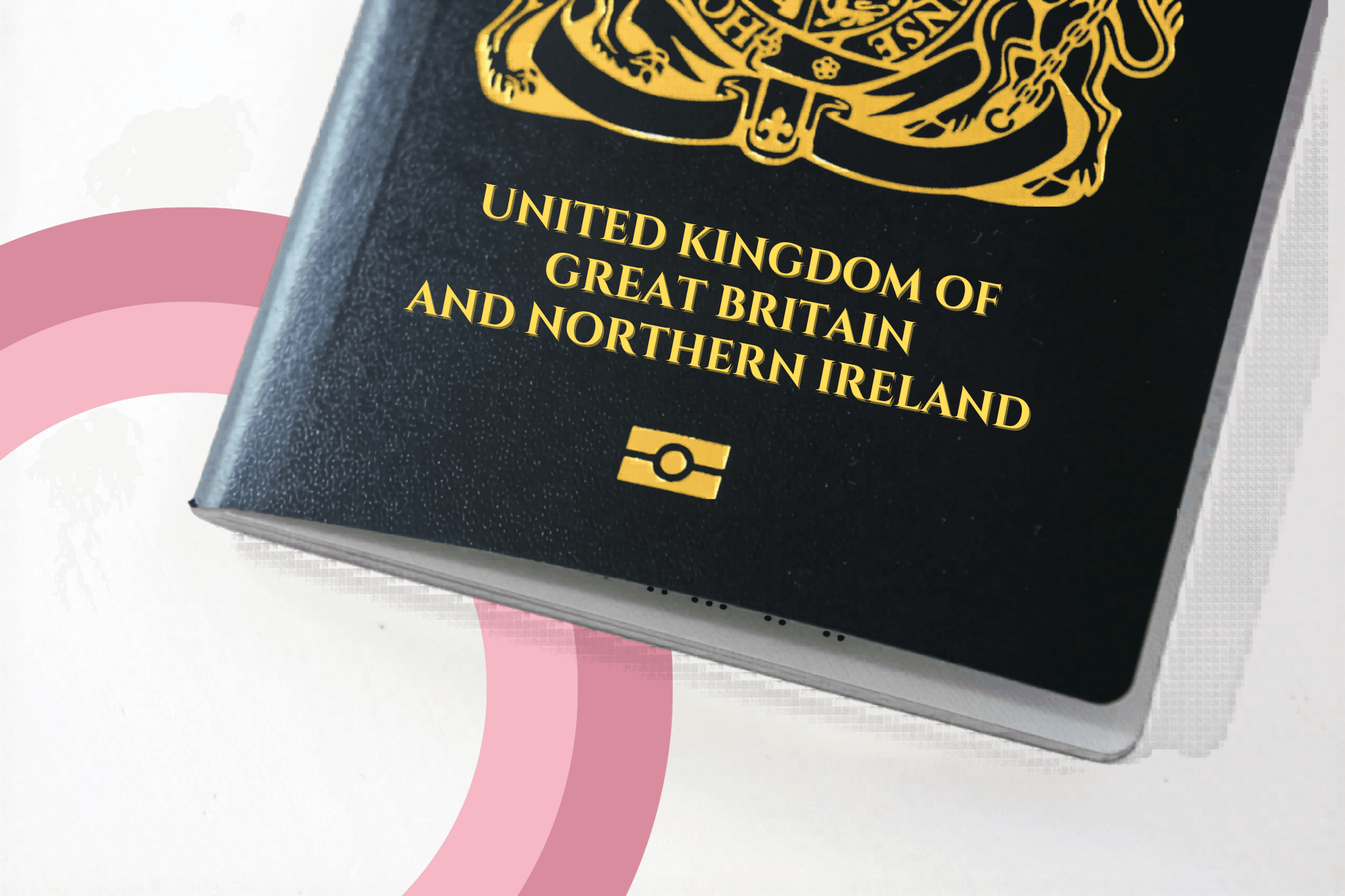 UK passport cover with gold text and emblem on a black background, partially overlaid by pink circular graphics.