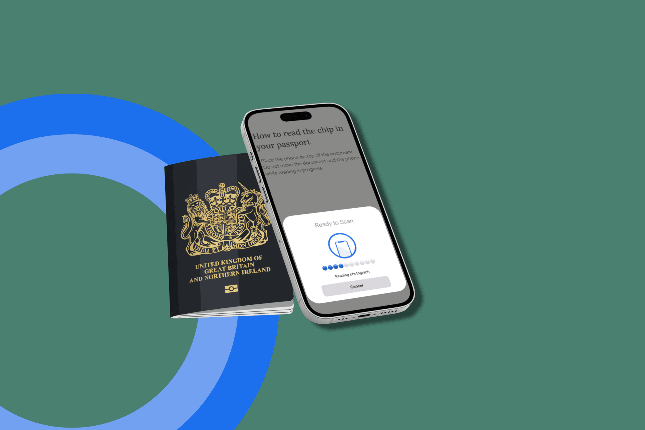 UK passport and smartphone with scanning prompt on screen, set against a green background with a blue circle design.