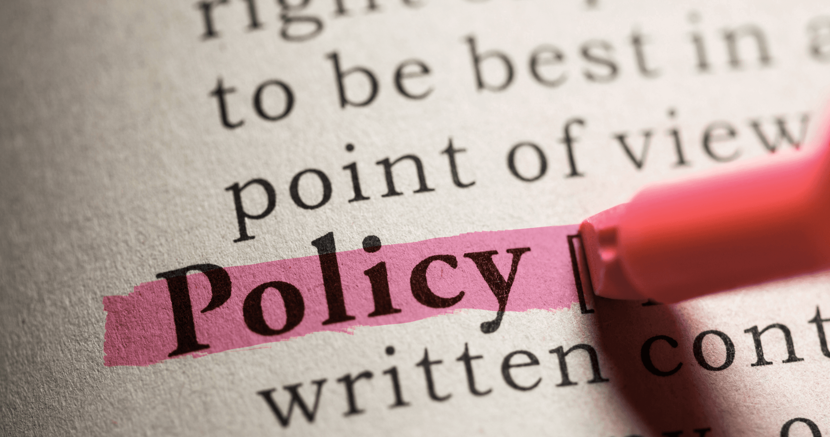 Close-up of the word "Policy" highlighted in pink on a printed page, with part of a pink highlighter visible.