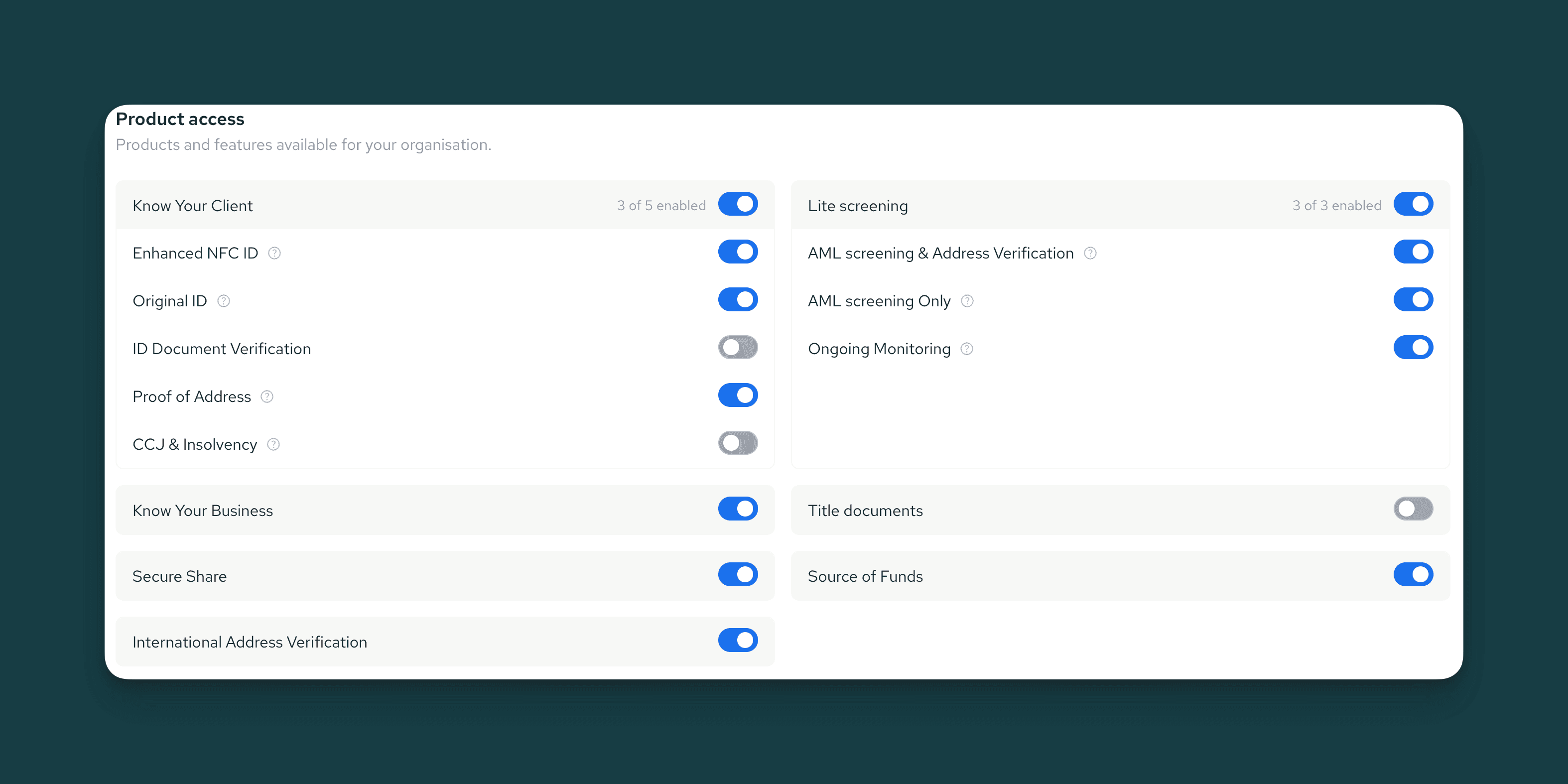 Access settings panel showing toggle options for "Know Your Client" and "Lite Screening," with several features enabled.