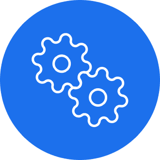 Icon of a cogs interlinked together with a blue background