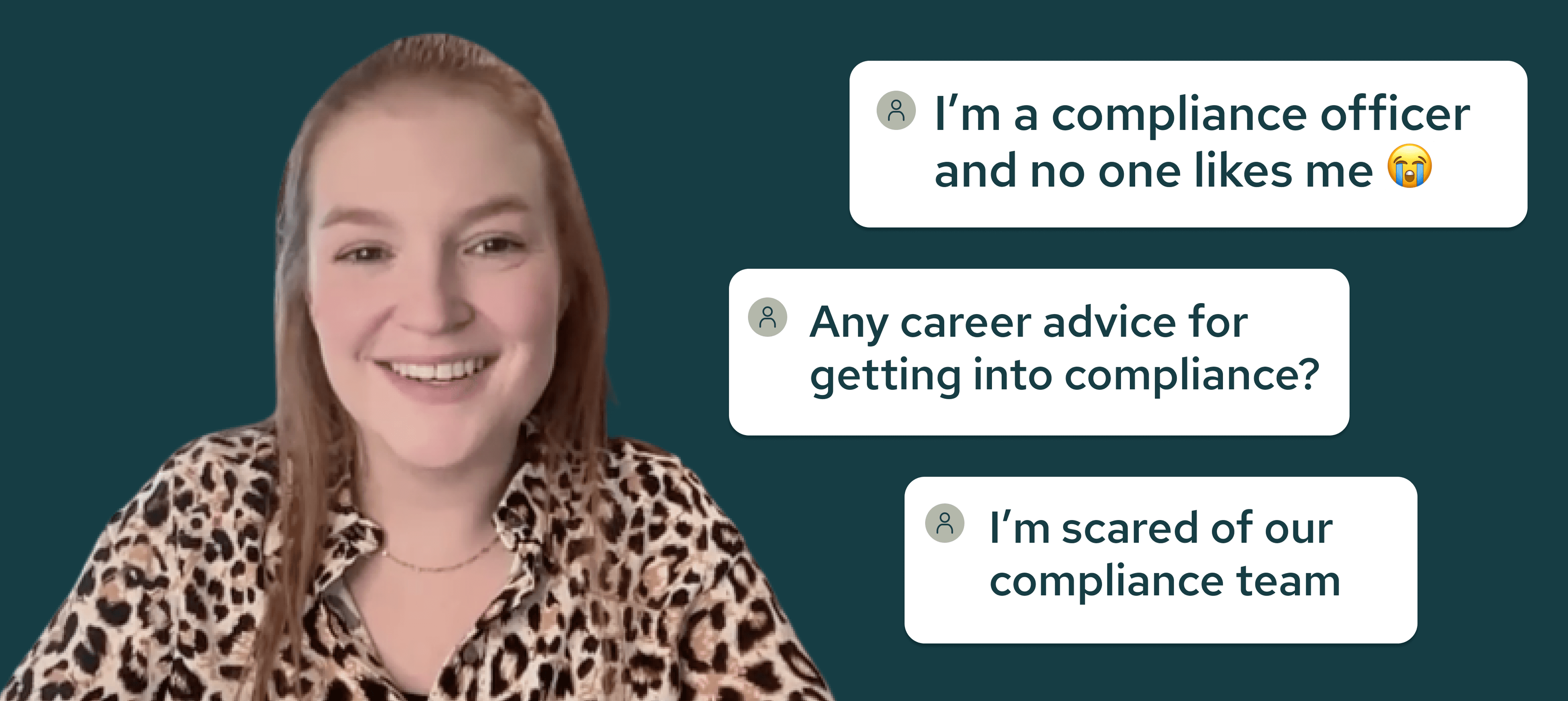Harriet smiles and three comment bubbles show questions from the internet about complaince