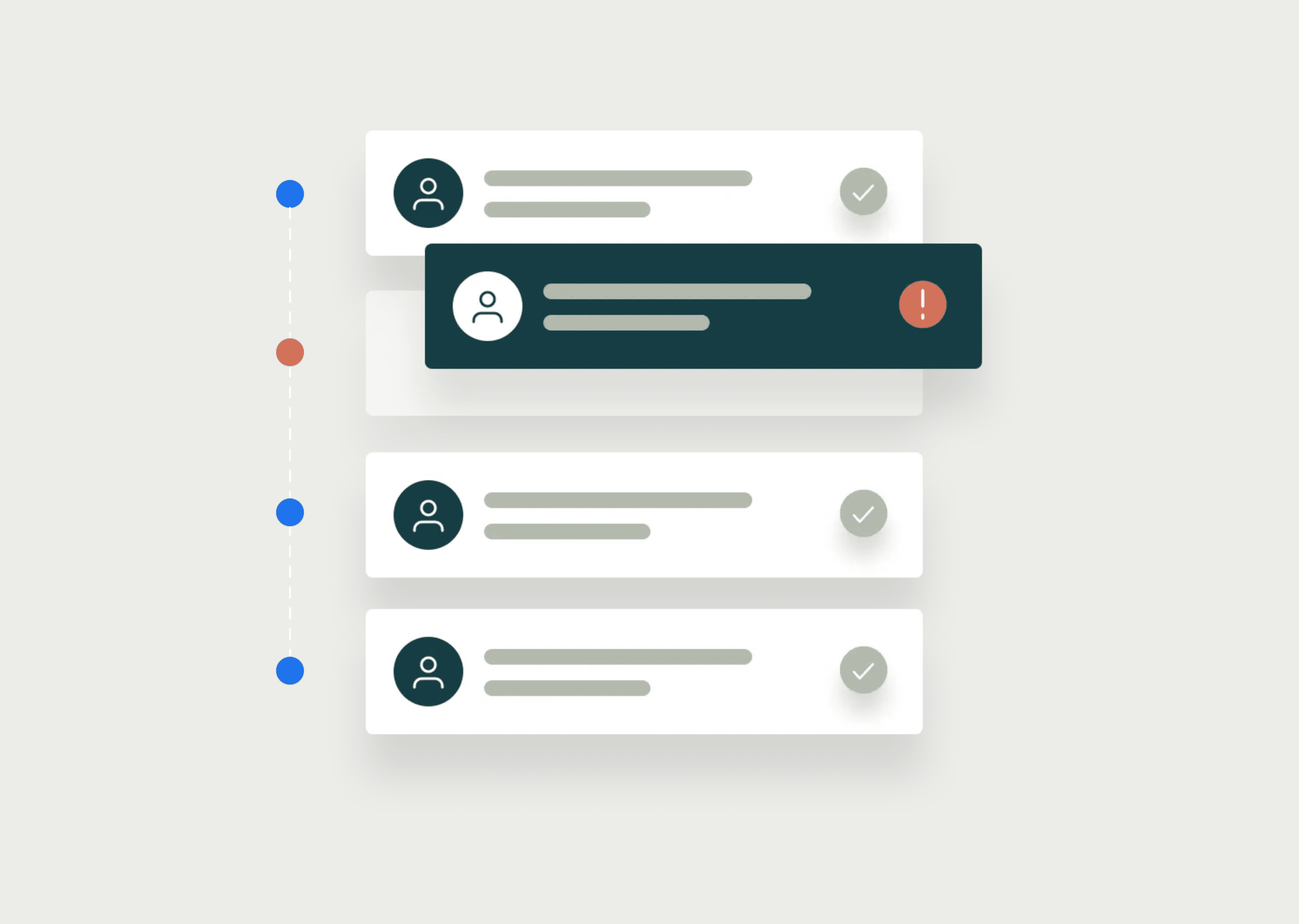 A list of four horizontal cards with user icons, text, and status symbols. One card is highlighted with an exclamation mark.