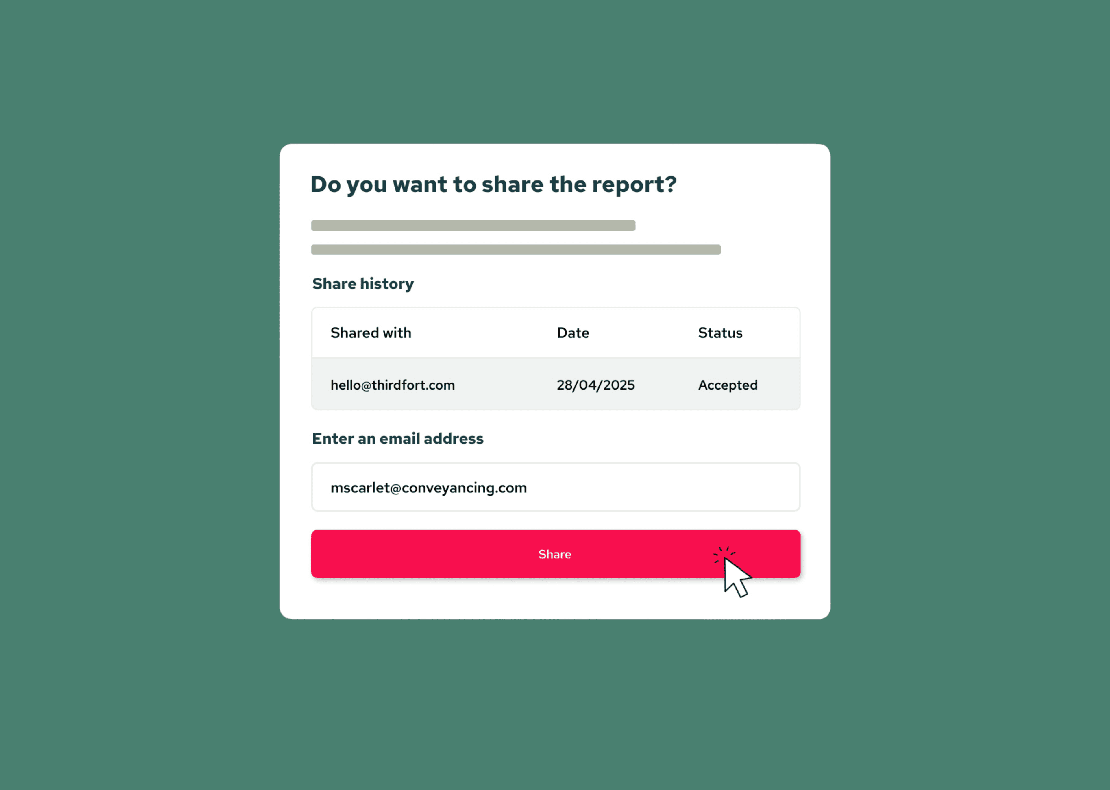 A report sharing interface with a share history, email input field, and a red "Share" button being clicked by a cursor.