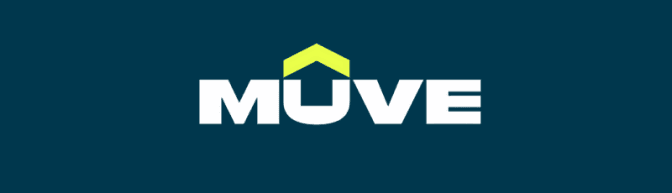The image shows a logo with the word "MUVE" in white, on a dark teal background, featuring a yellow roof shape above the letters "U" and "V".