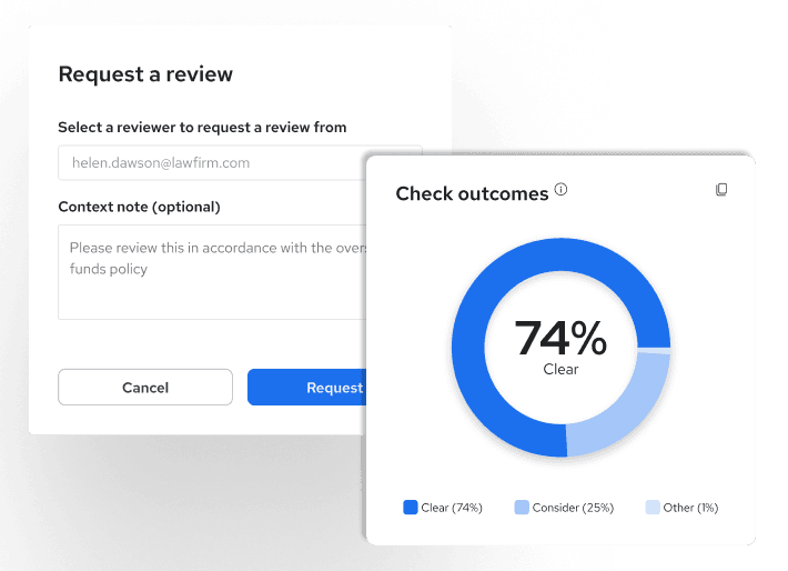 A review request form with email input and optional note, alongside a pie chart showing 74% "Clear," 25% "Consider," and 1% "Other."
