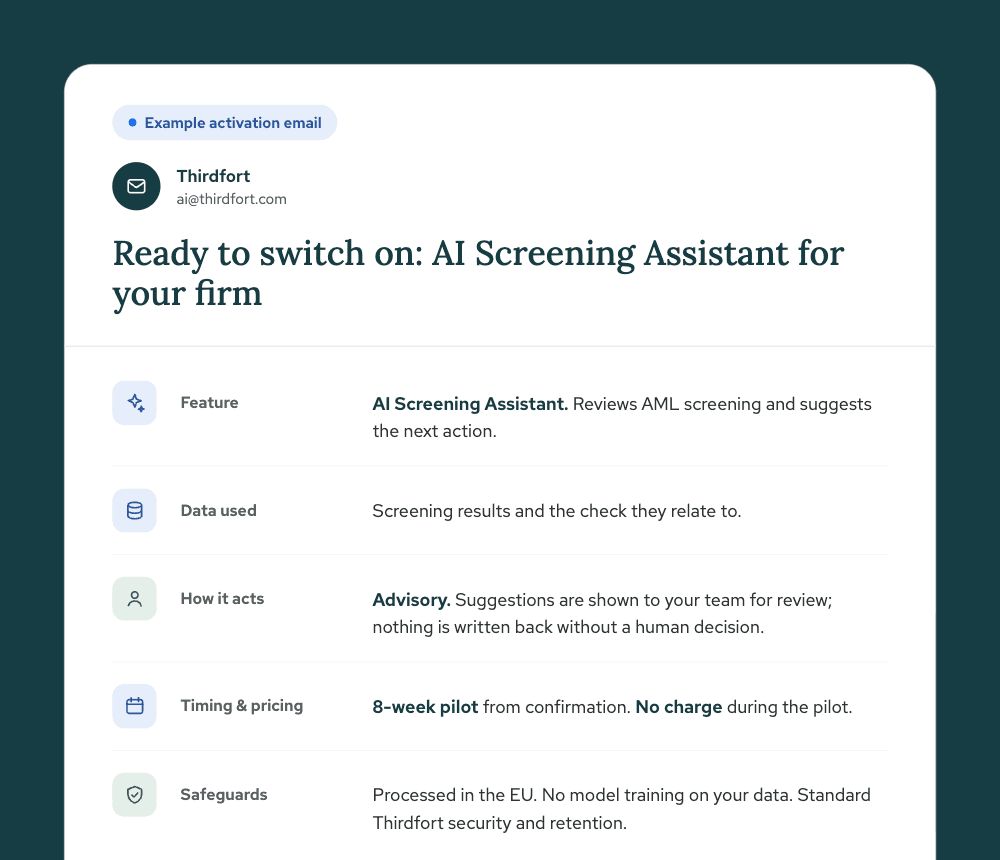Email showcasing Thirdfort's AI Screening Assistant with features like AML screening review, EU data processing, and an 8-week free pilot.