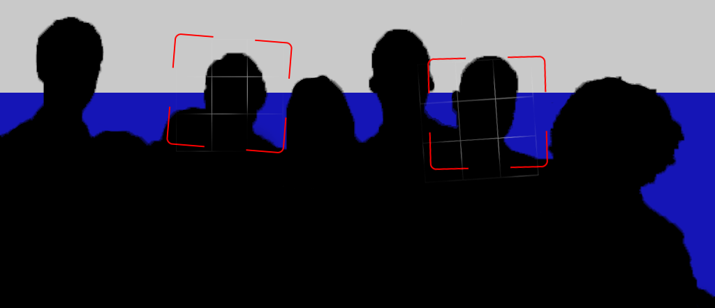 Silhouettes of six people on a blue and grey background with red viewfinder grid boxes over two of their heads