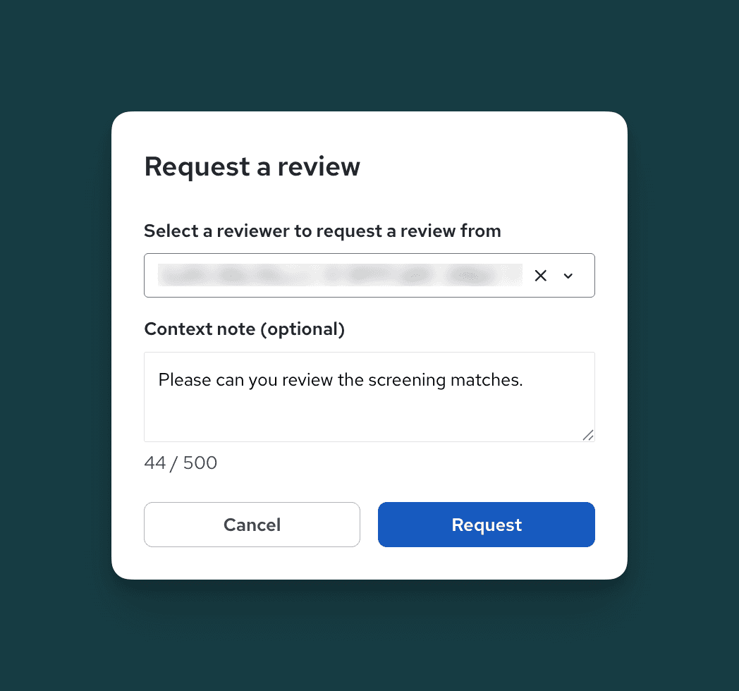 Review request form with dropdown to select a reviewer and text box for context note. Buttons for "Cancel" and "Request" are at the bottom.