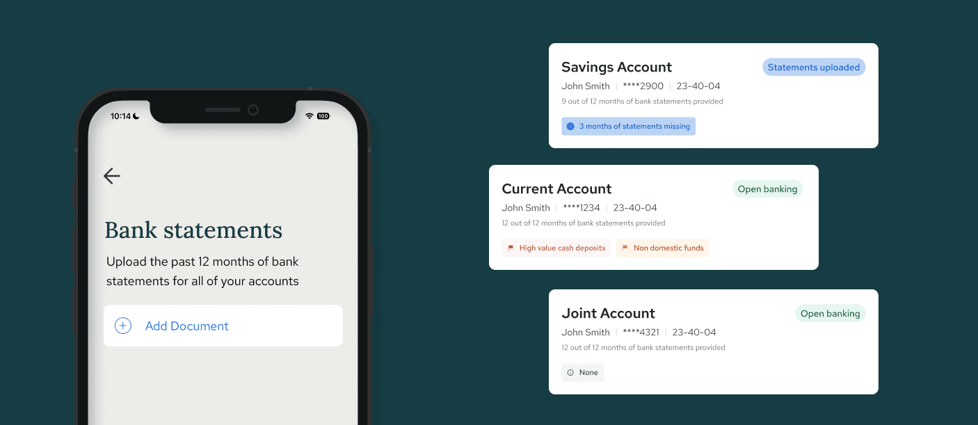 app ui asking user to upload bank statements and platform UI showing multiple bank statements to review
