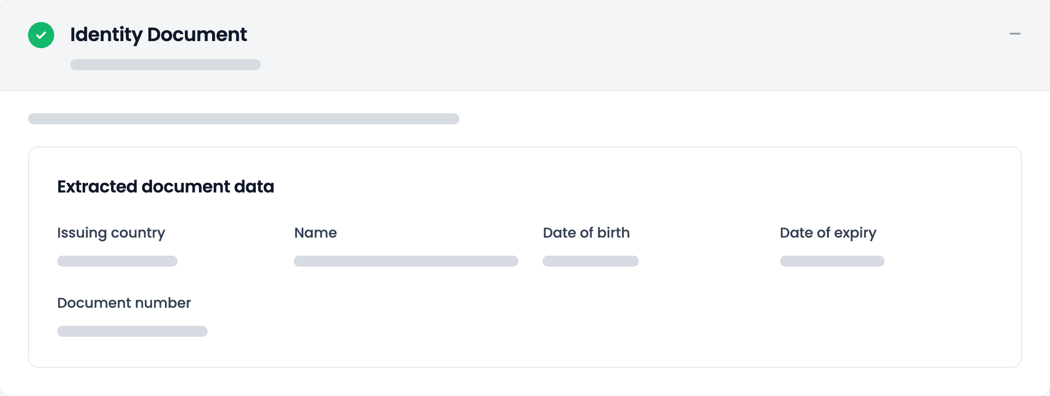 Interface displaying extracted data from an identity document, including issuing country, name, date of birth, and date of expiry.