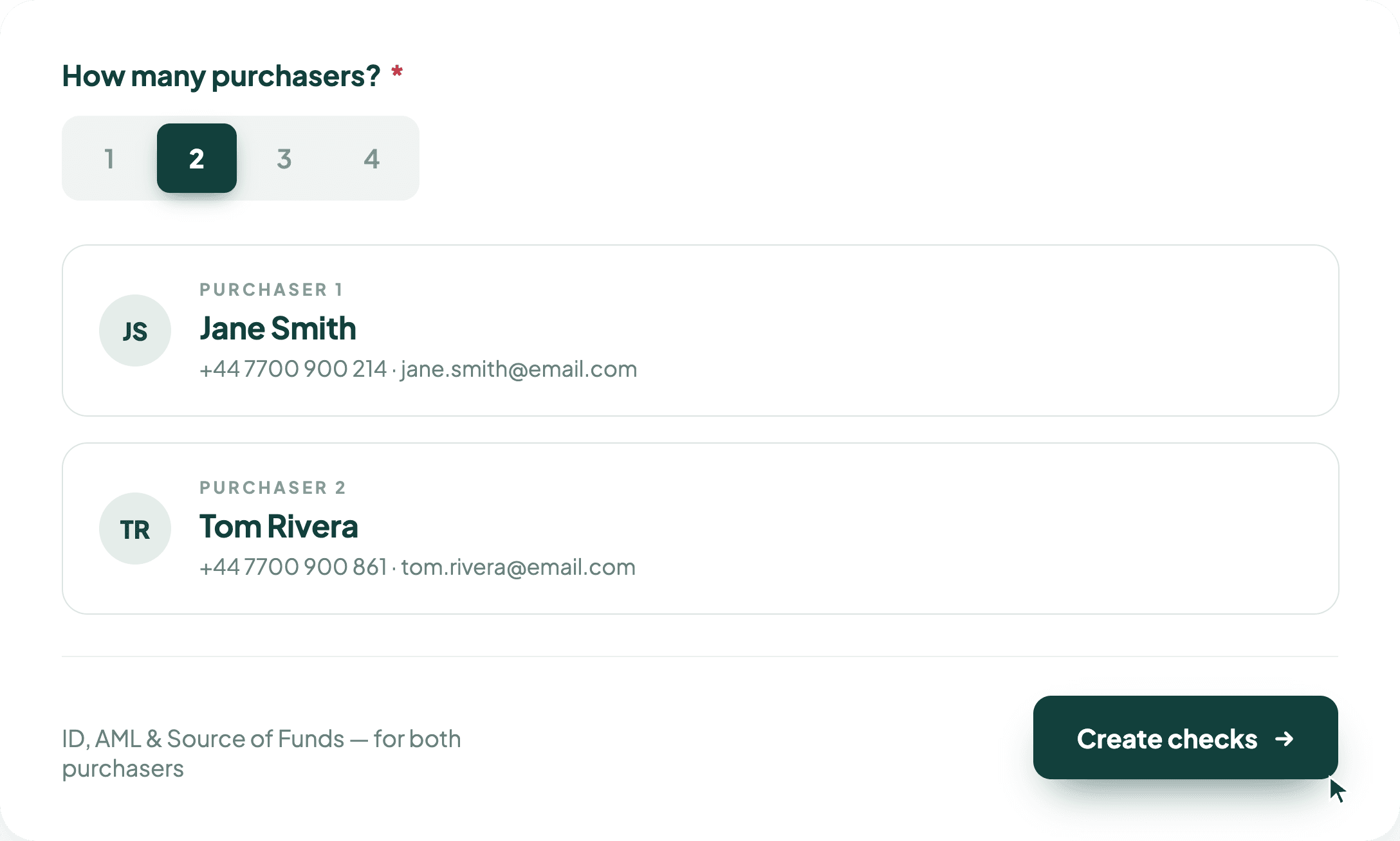 Form interface showing two purchasers selected, with names, contact details, and a button labeled "Create checks."