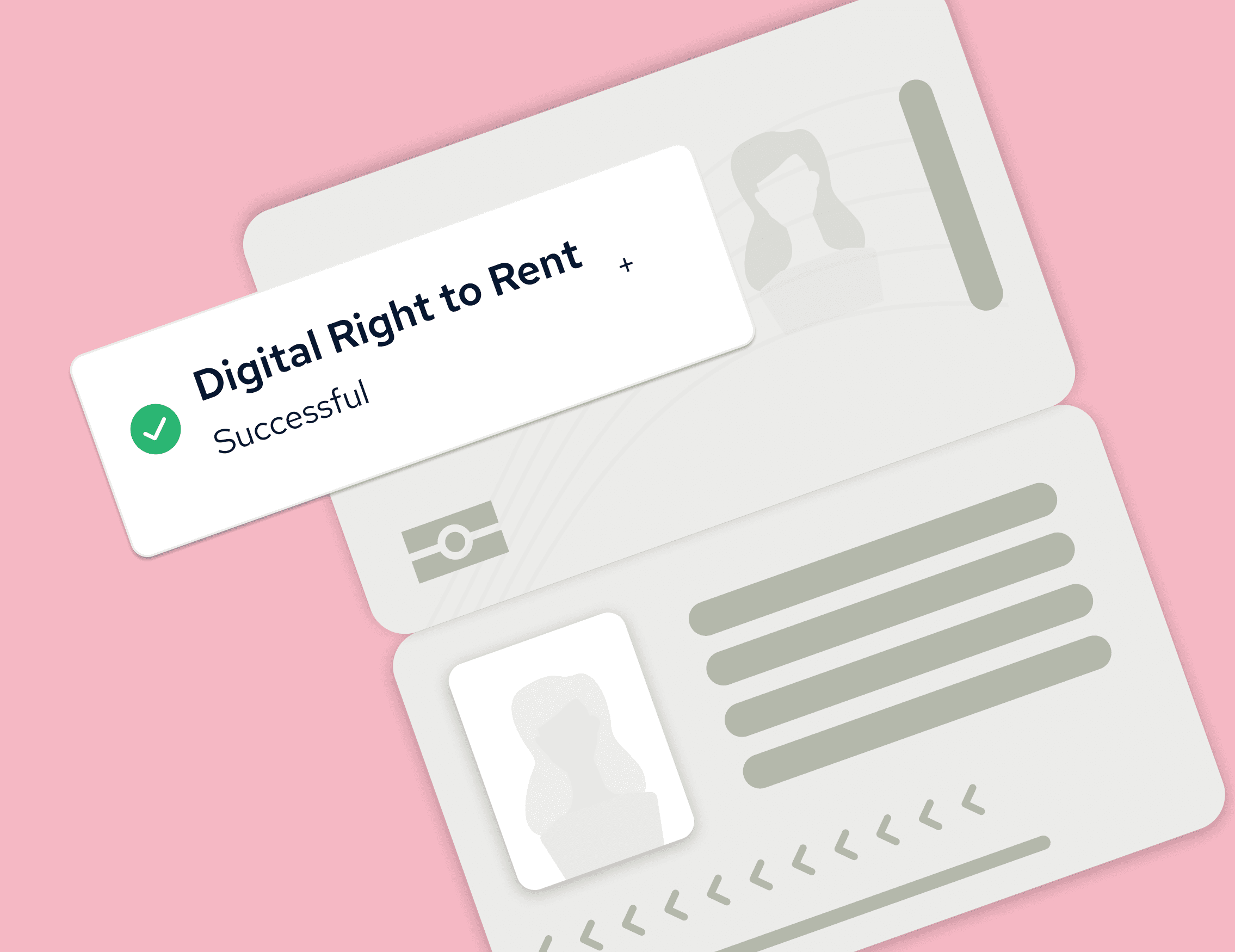 Illustration of a document marked "Digital Right to Rent" with a checklist marked "Successful" on a pink background.