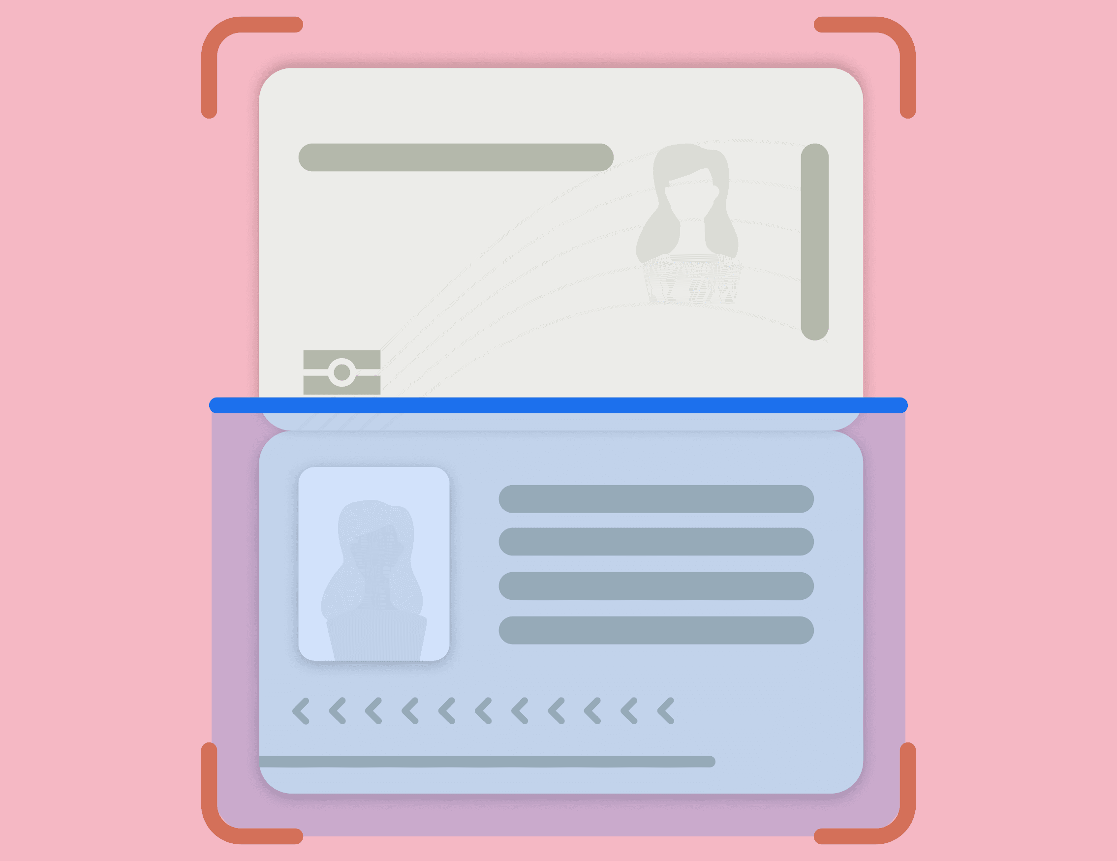 Illustration of an ID card being scanned, featuring a silhouette of a person and text bars, with a pink background and scanning borders.