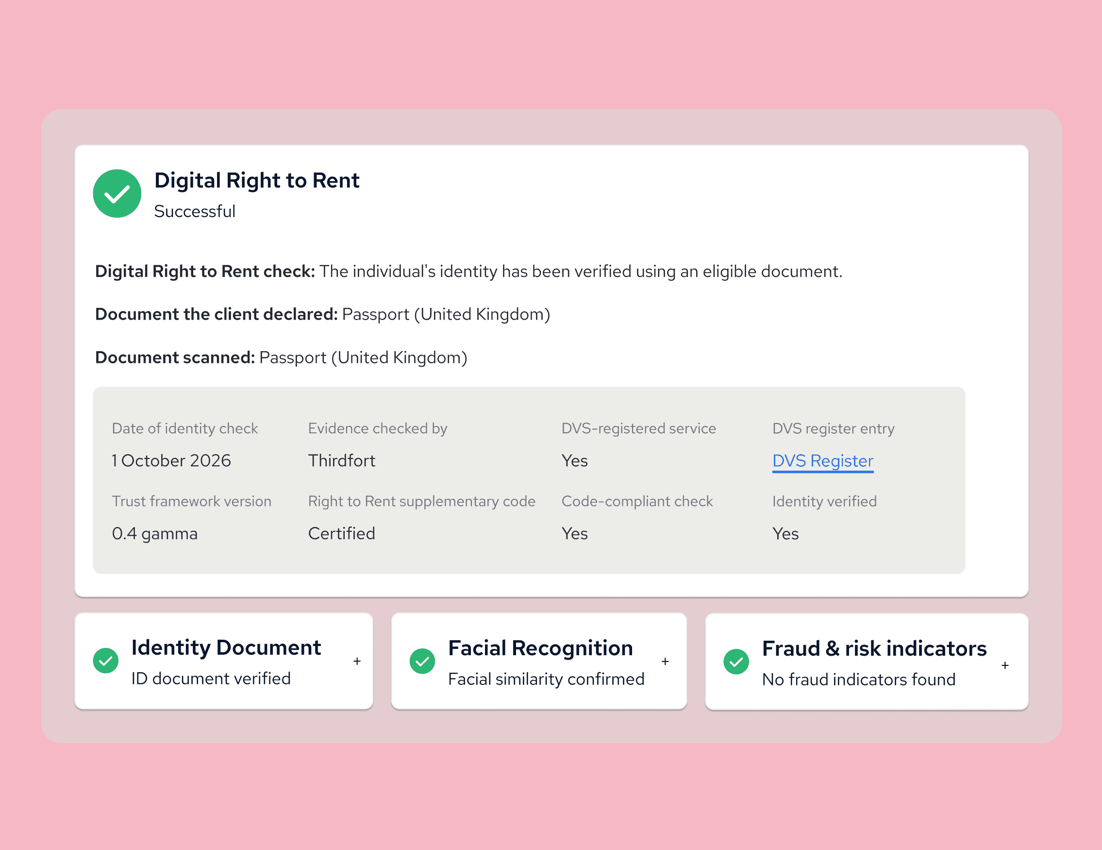 Digital Right to Rent verification successful with UK passport. Identity check on 1 October 2026. No fraud indicators found. Identity verified.