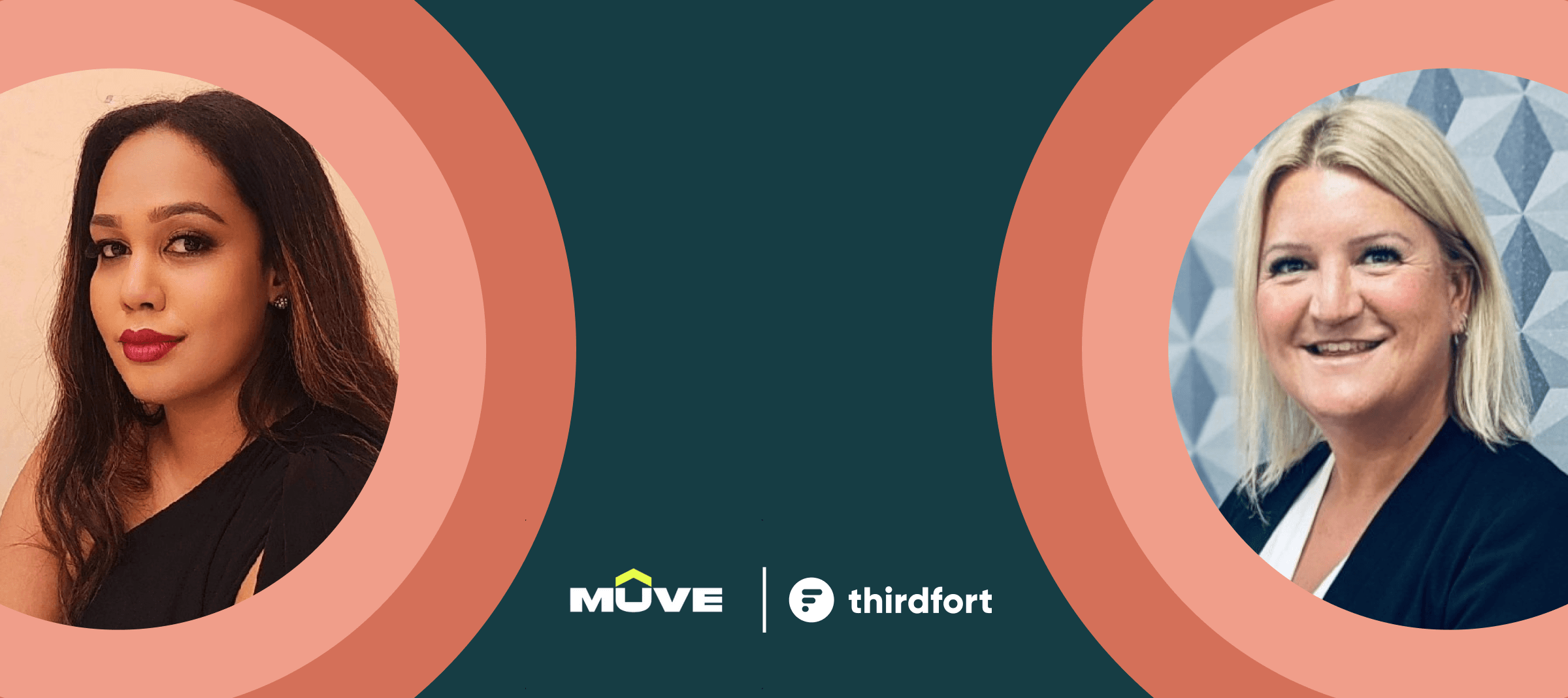 Two women in profile pictures with "Muve" and "Thirdfort" logos between them on a dark teal background with pink circular frames.