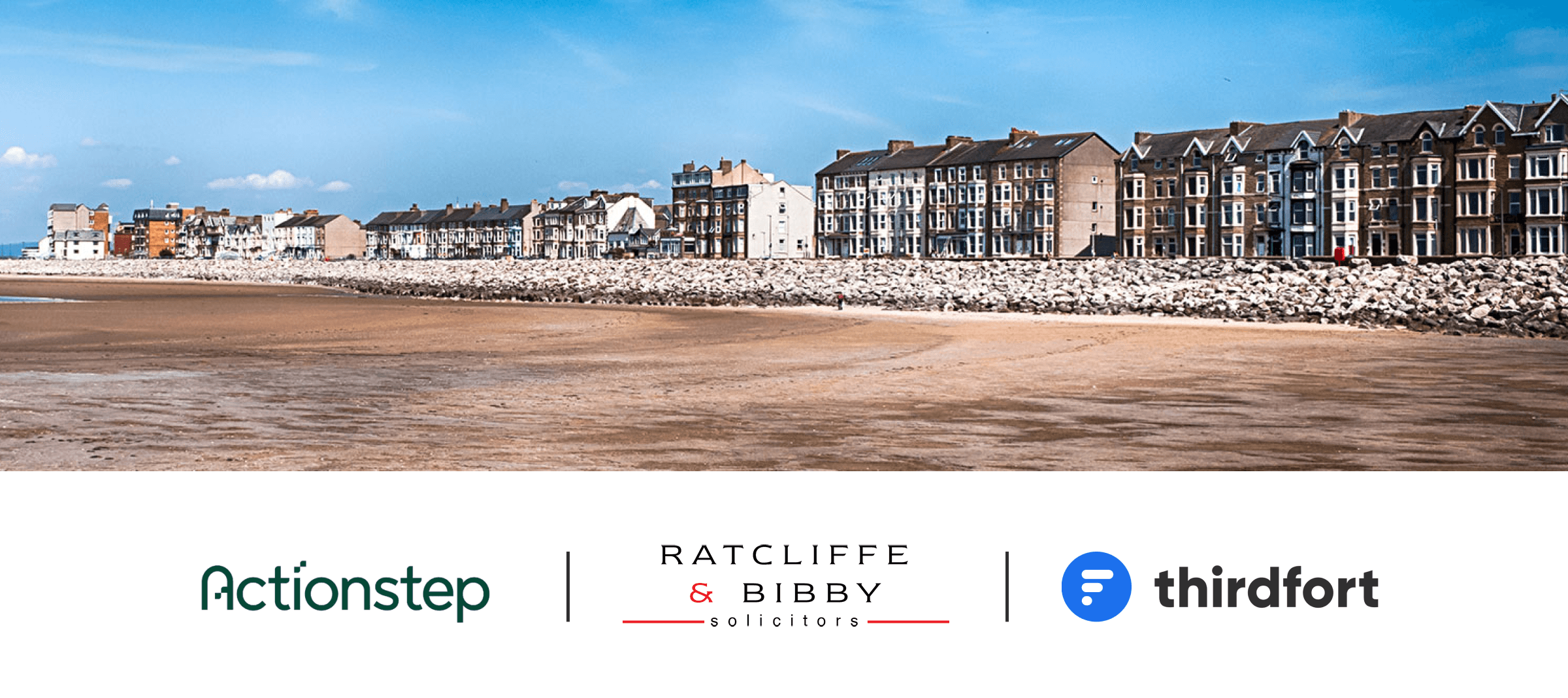 A row of seaside townhouses stands along a rocky coast under a blue sky, with logos of Actionstep, Ratcliffe & Bibby, and Thirdfort below.