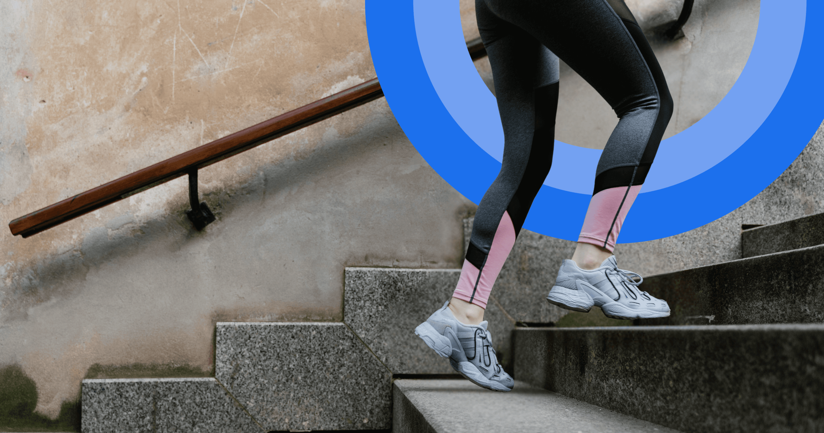 Person in athletic wear and sneakers running up concrete stairs, with a blue circular graphic in the background.