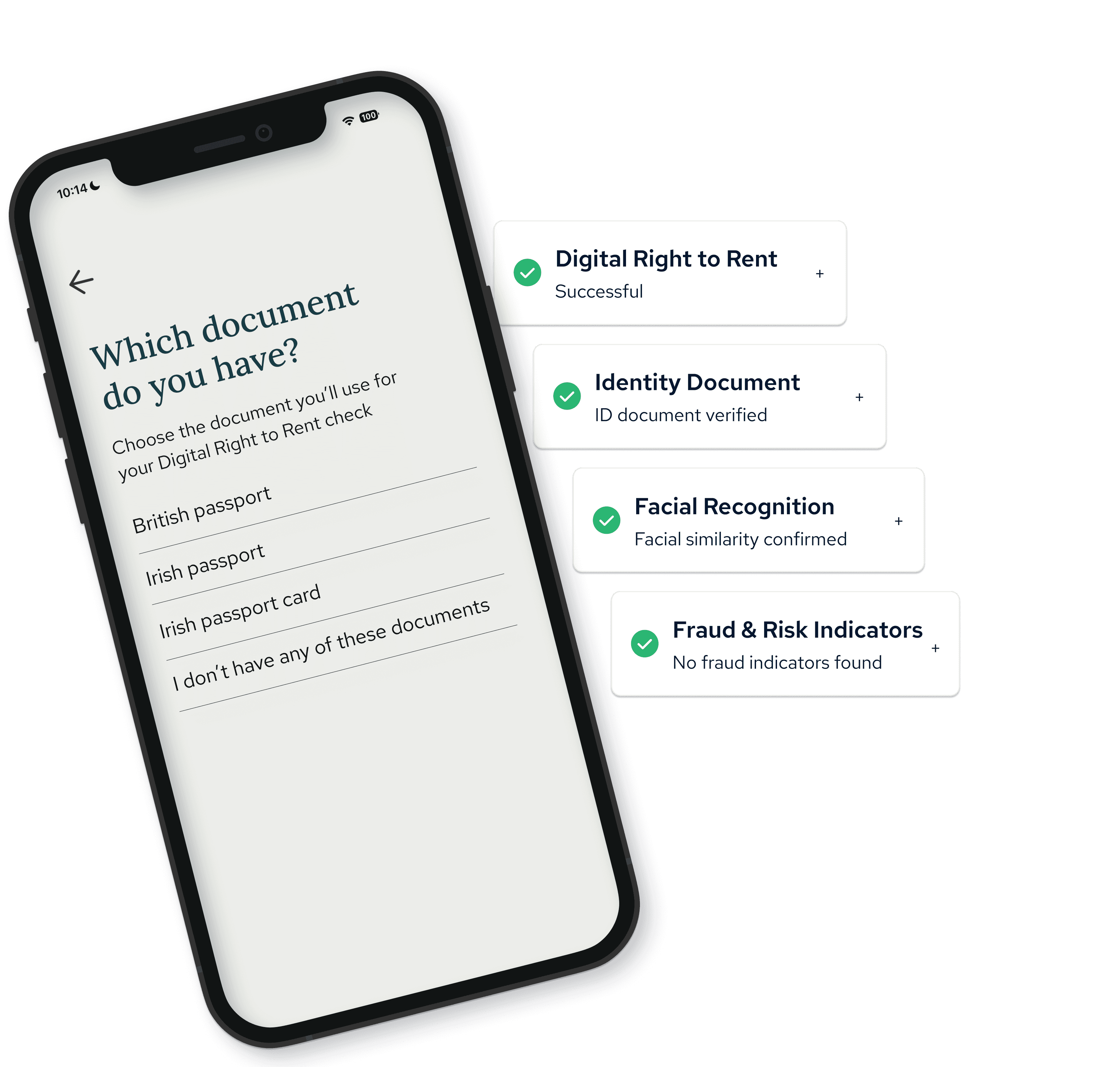 A smartphone screen displays a document selection for a Digital Right to Rent check. Next to it, verification statuses are marked as successful.