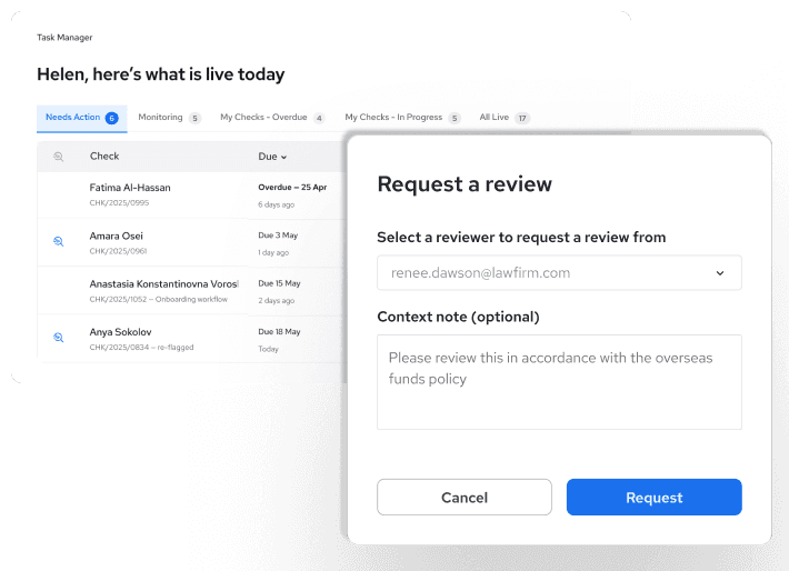 Task management interface showing pending tasks and a "Request a review" dialog with fields for reviewer selection and optional context note.