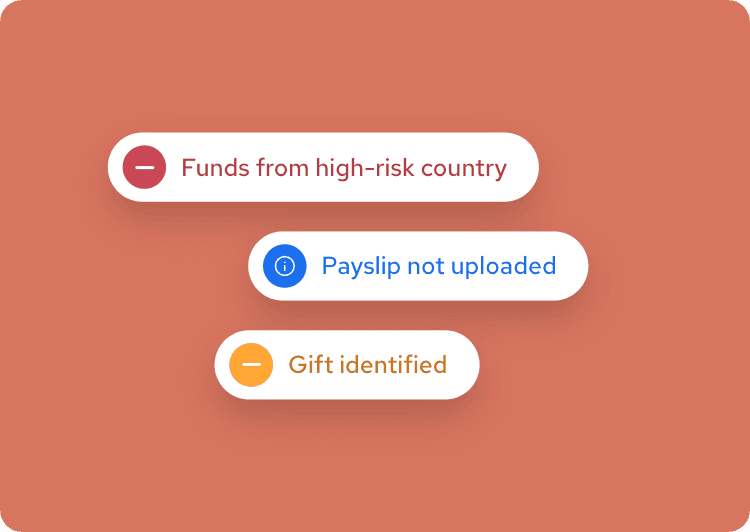 Three alerts on a red background: "Funds from high-risk country", "Payslip not uploaded", "Gift identified".